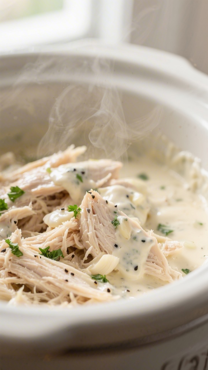 Close-up detail: Slow-cooker angel chicken just after shredding, tender pulled chicken folded back i