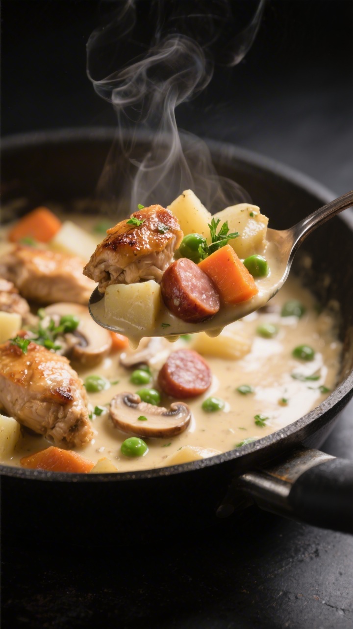 Close-up detail: Spoonful of creamy chicken pastel being lifted from a skillet, showing tender brown