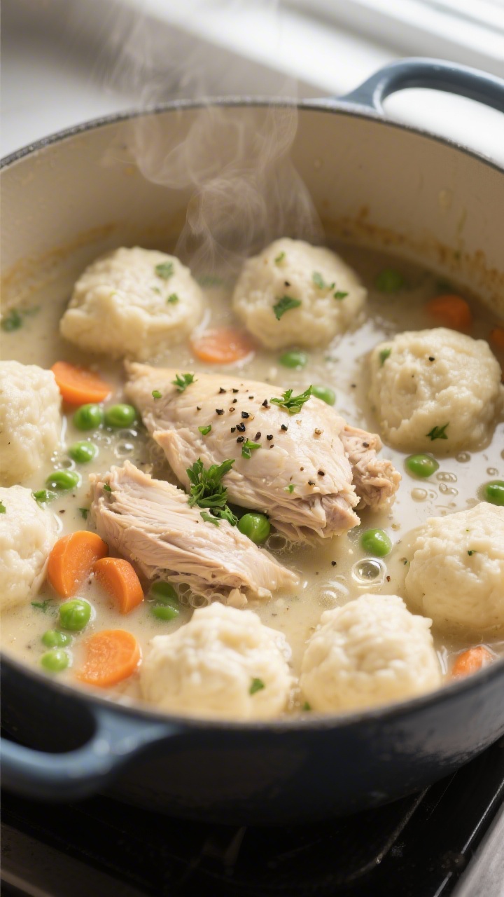 Close-up detail: Tender chicken and fluffy drop dumplings steaming in a creamy, savory broth inside