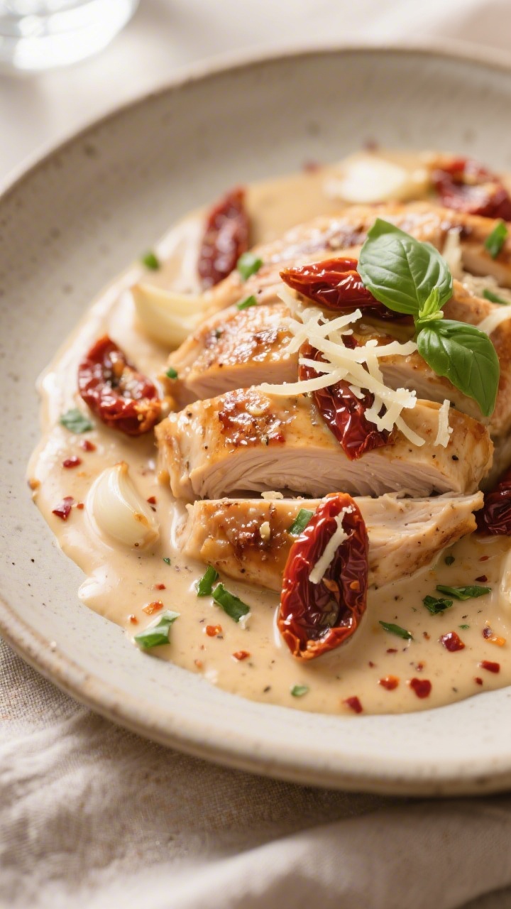 Close-up detail: Tender, slow-cooked Marry Me Chicken sliced and napped in a glossy Parmesan cream s