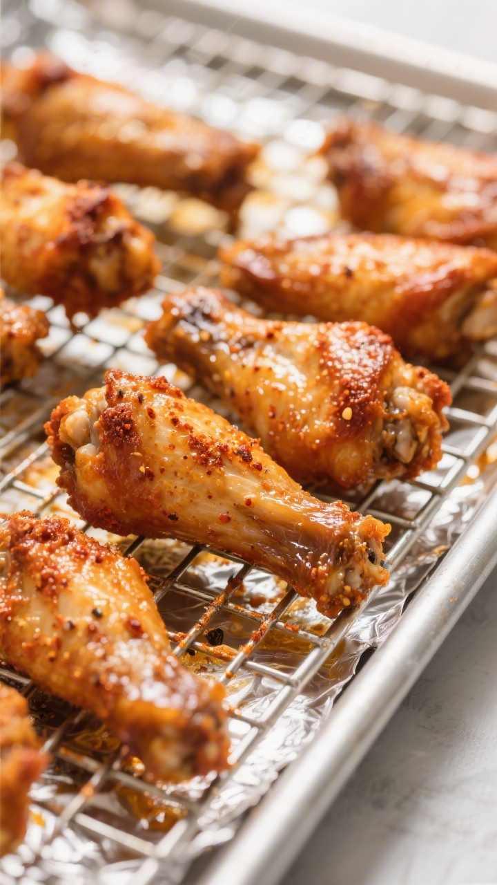 Close-up detail: Ultra-crisp baked Buffalo chicken wings just out of the oven on a wire rack over a