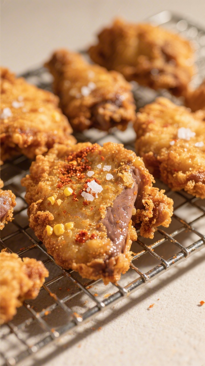 Close-up detail: Ultra-crisp fried chicken livers just out of the pan, resting on a wire rack to sta