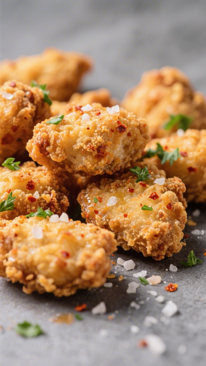 Close-up detail: Ultra-crispy chicken bites just out of the air fryer, golden and craggy cornstarch