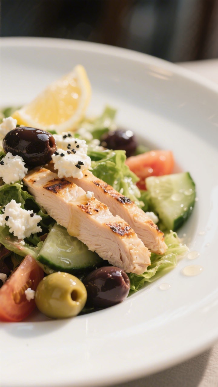 Close-up final plate: Macro detail of a plated portion of Greek chicken salad showcasing the texture