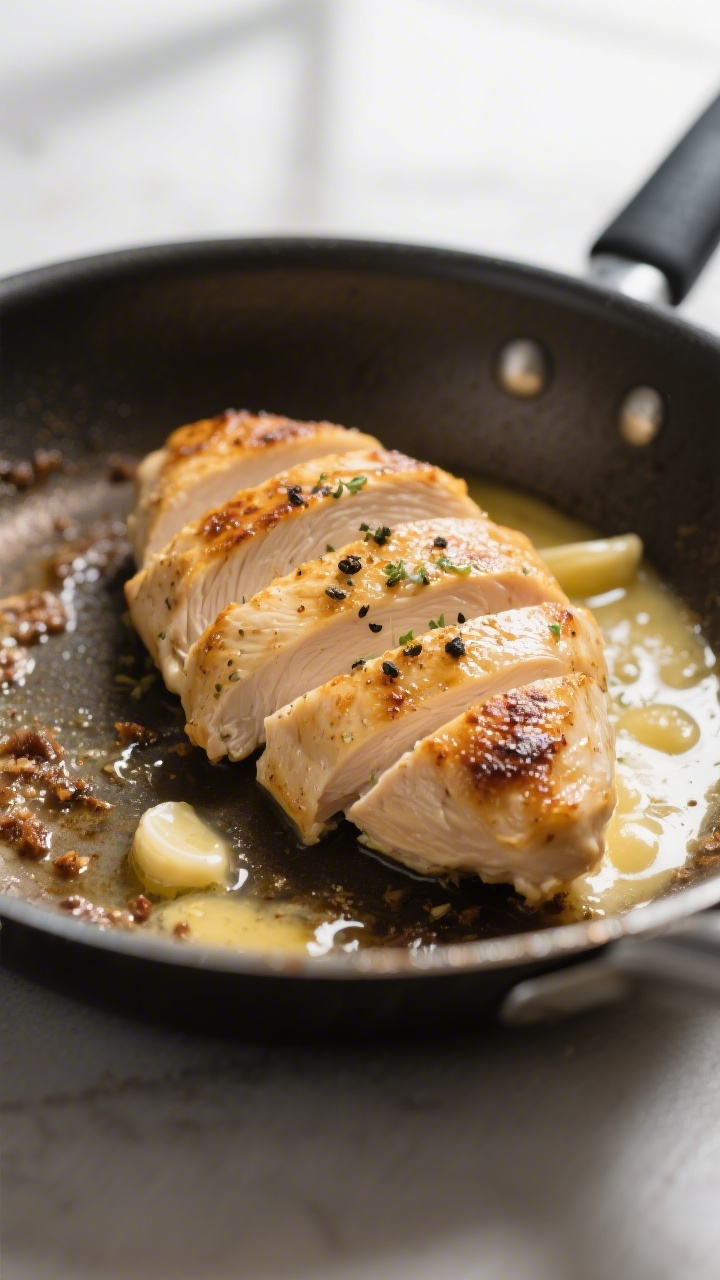 Close-up process shot: Sliced, golden-seared chicken breast resting on a warm skillet surface with v