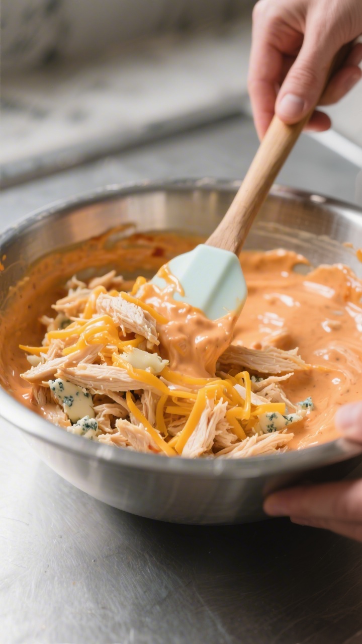 Cooking process action shot: The creamy base being folded with shredded chicken and a mozzarella-sha