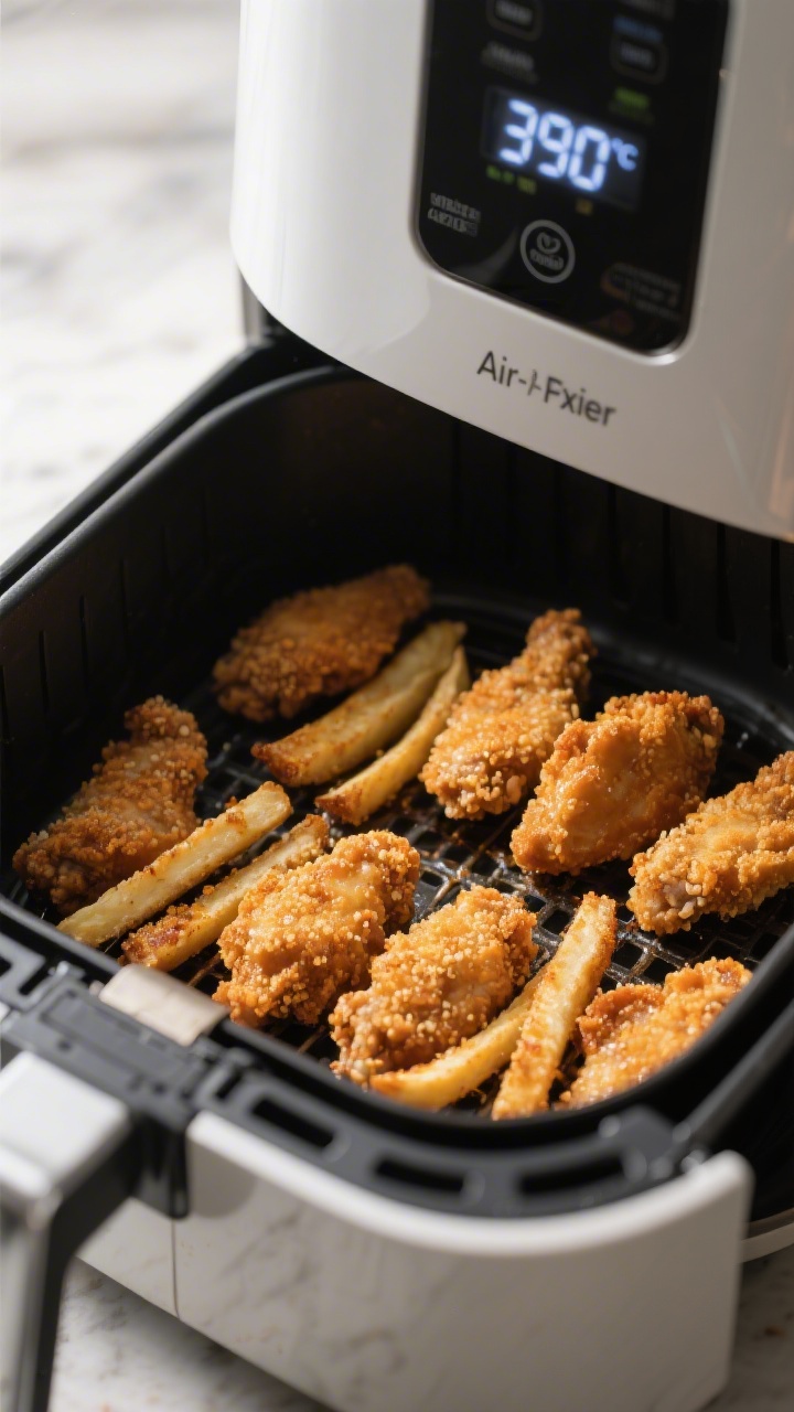 Cooking process: Air-fried chicken fries mid-cook in an open air-fryer basket, evenly spaced in a si