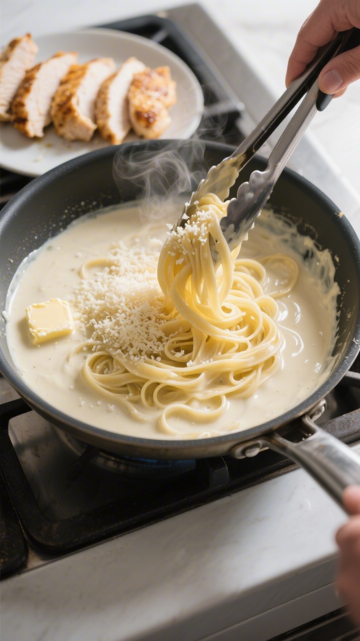 Cooking process: Alfredo sauce being finished in a wide skillet—Parmesan added gradually and melti