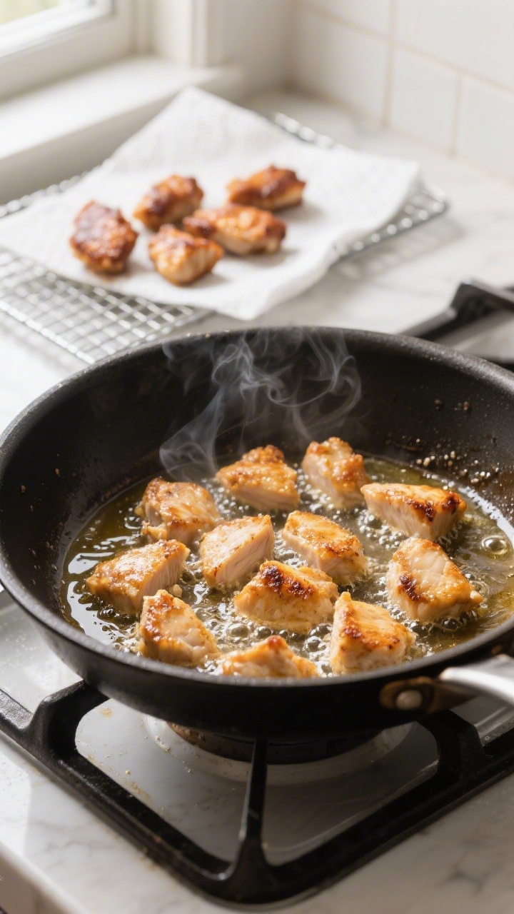 Cooking process: Chicken bites pan-frying in a large skillet with 1/4 inch neutral oil, mid-sizzle a