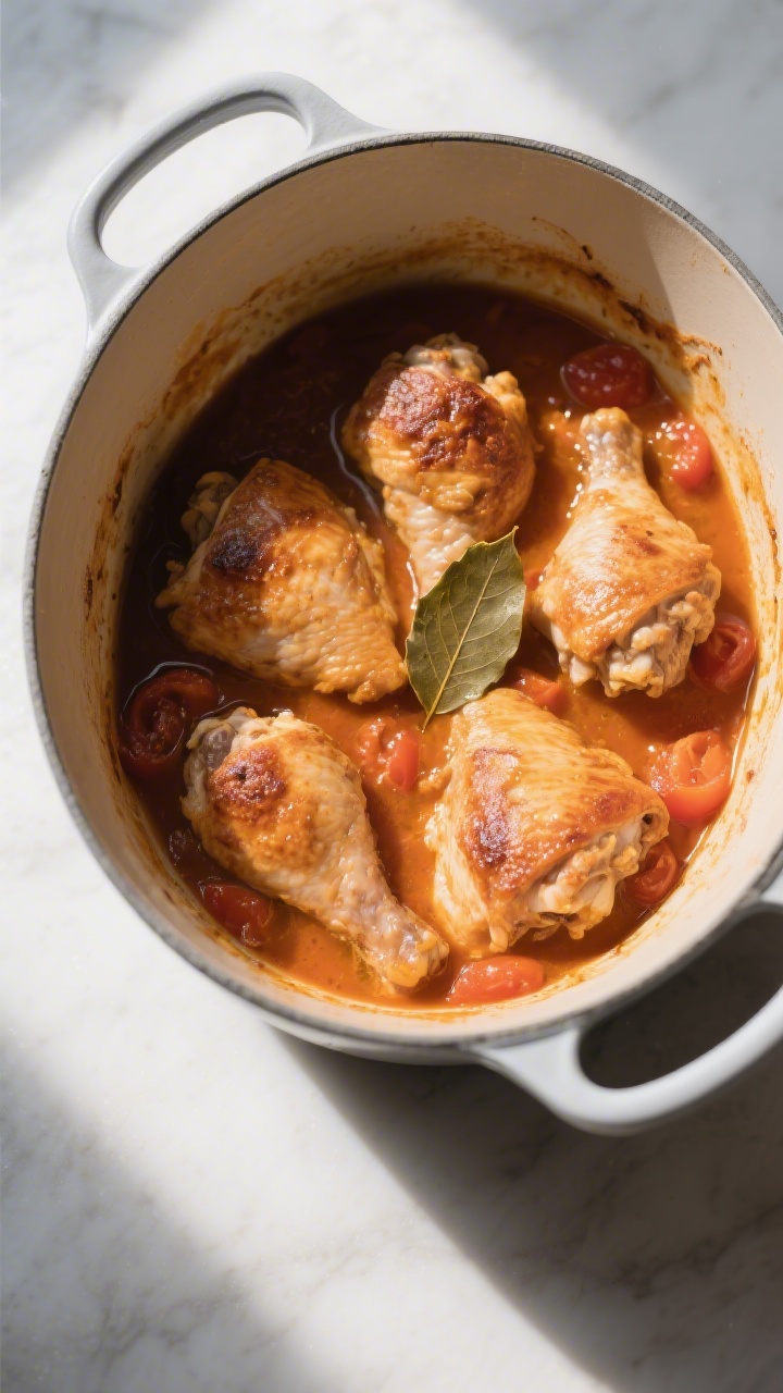 Cooking process: Chicken paprikash simmering stage—browned, skin-on chicken thighs nestled skin-si
