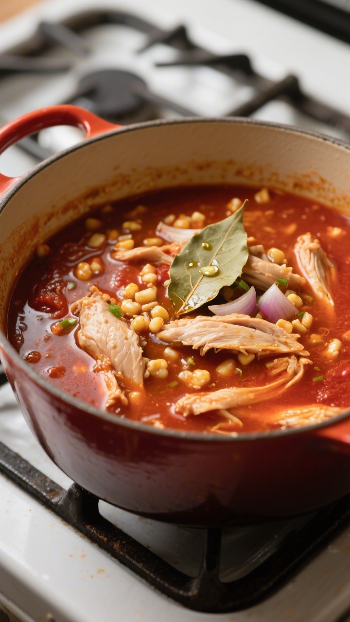 Cooking process: Chicken pozole simmering in a Dutch oven after the chile puree has been added—dee