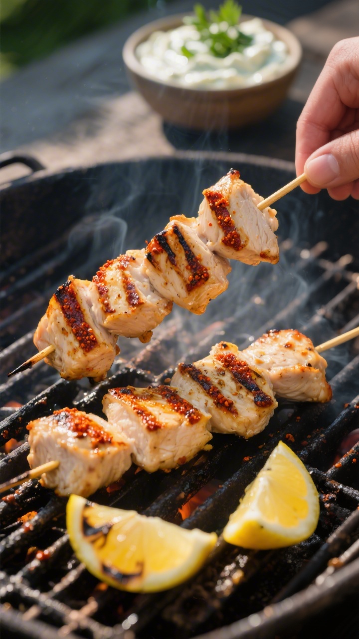 Cooking process: Chicken skewers on a hot grill, mid-flip with clear grill marks and caramelized pap