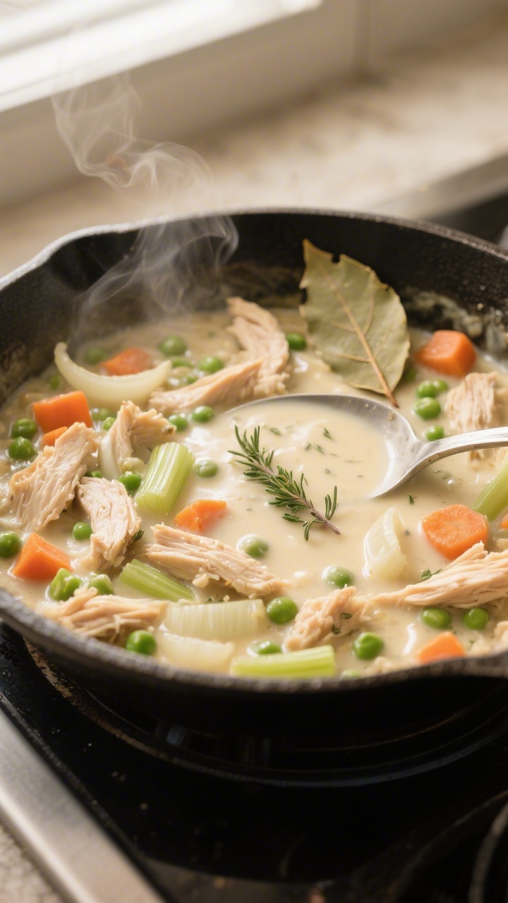 Cooking process, close-up: A deep skillet on the stovetop with the creamy chicken potpie filling jus