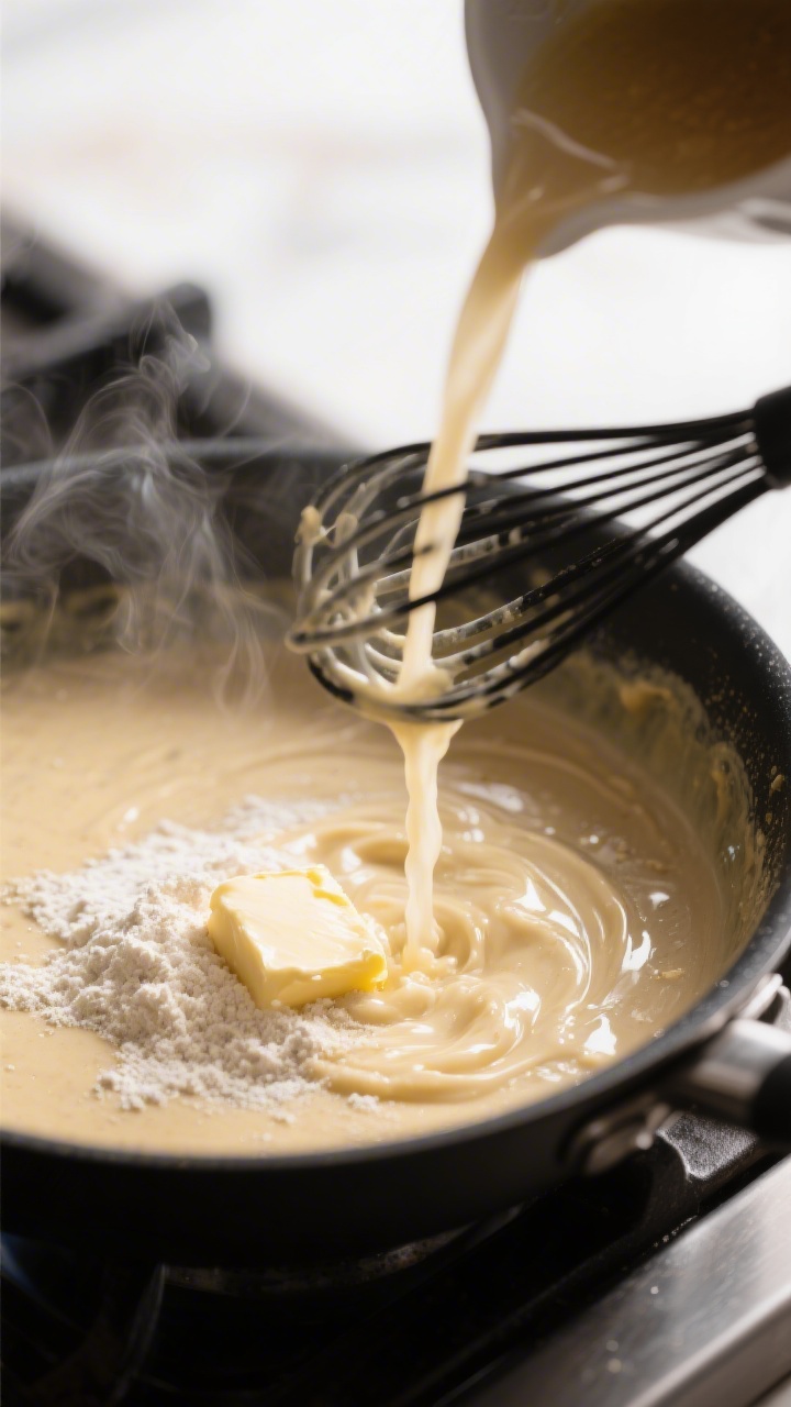Cooking process close-up: A medium saucepan on the stove with a glossy blond roux being whisked smoo