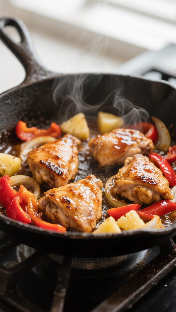 Cooking process close-up: Bite-size chicken thighs and sautéed red bell pepper and onion sizzling i