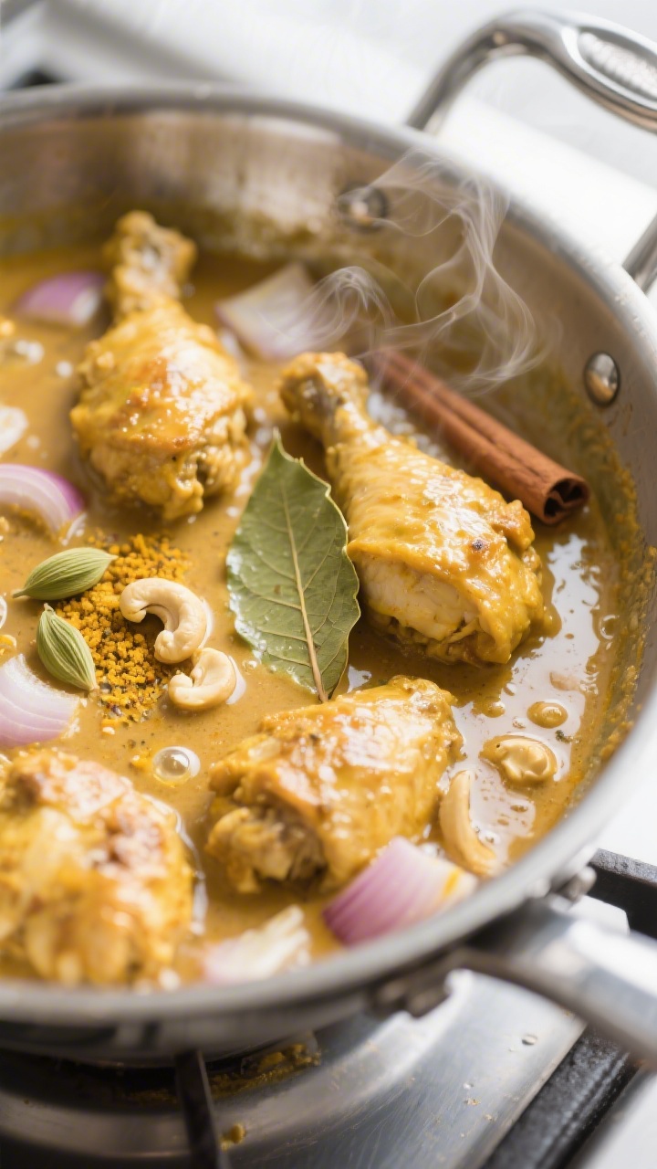 Cooking process close-up: Chicken korma simmering in a wide stainless pan, glossy onion–cashew pas