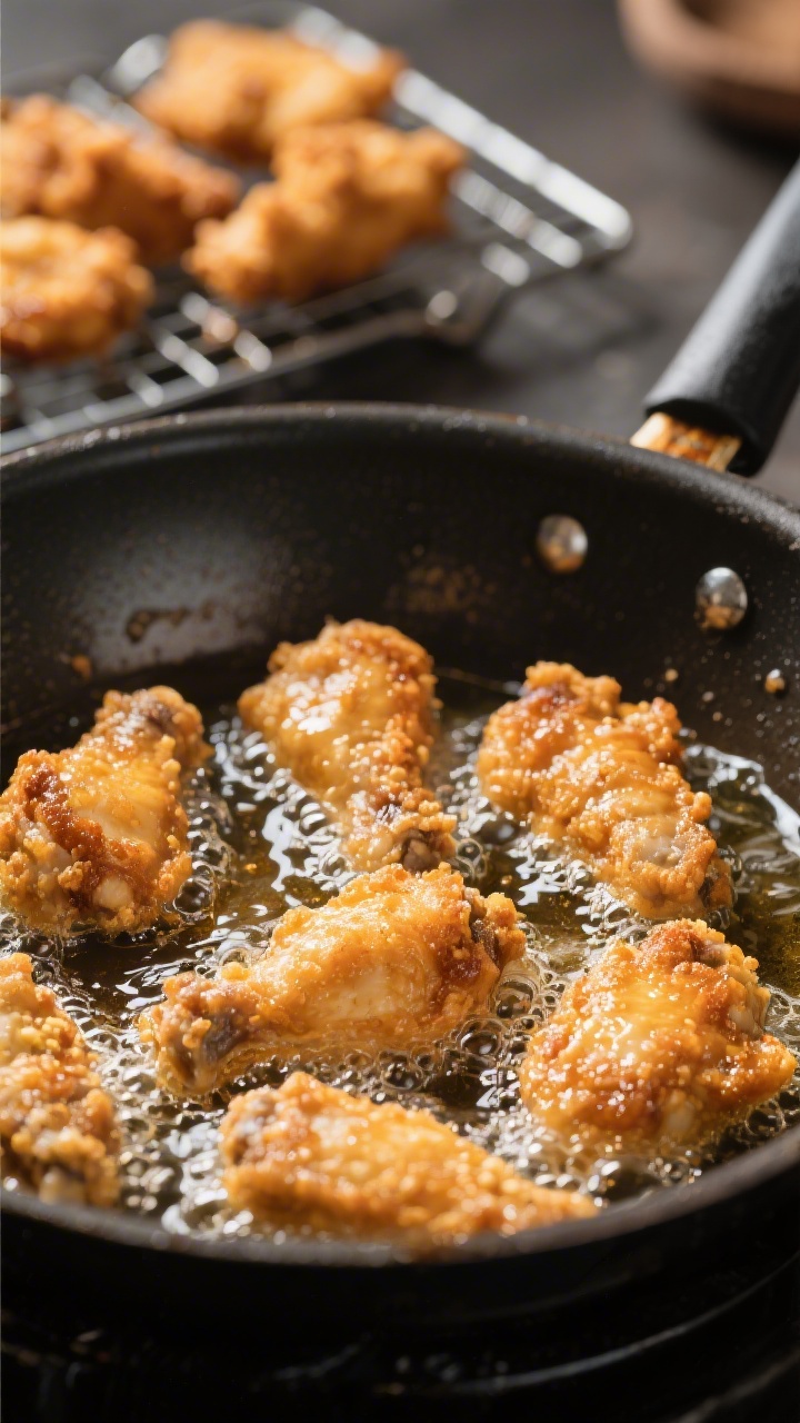 Cooking process close-up: Crispy honey chicken pieces mid-fry in a heavy skillet, first fry stage at