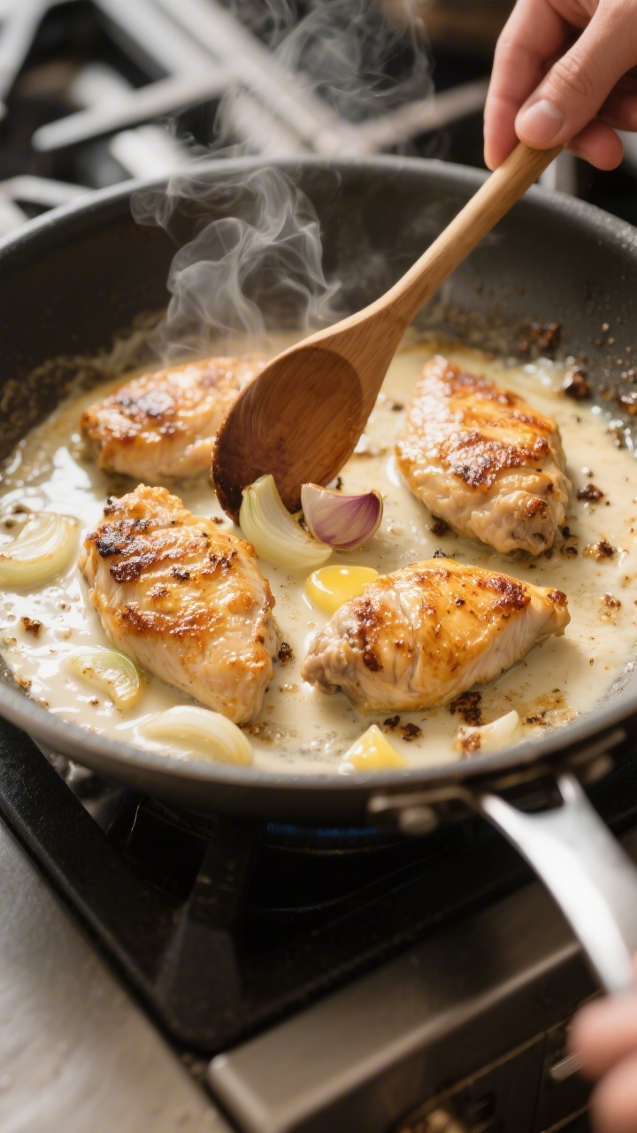 Cooking process, close-up detail: Golden-browned chicken cutlets sizzling in a large skillet as whit