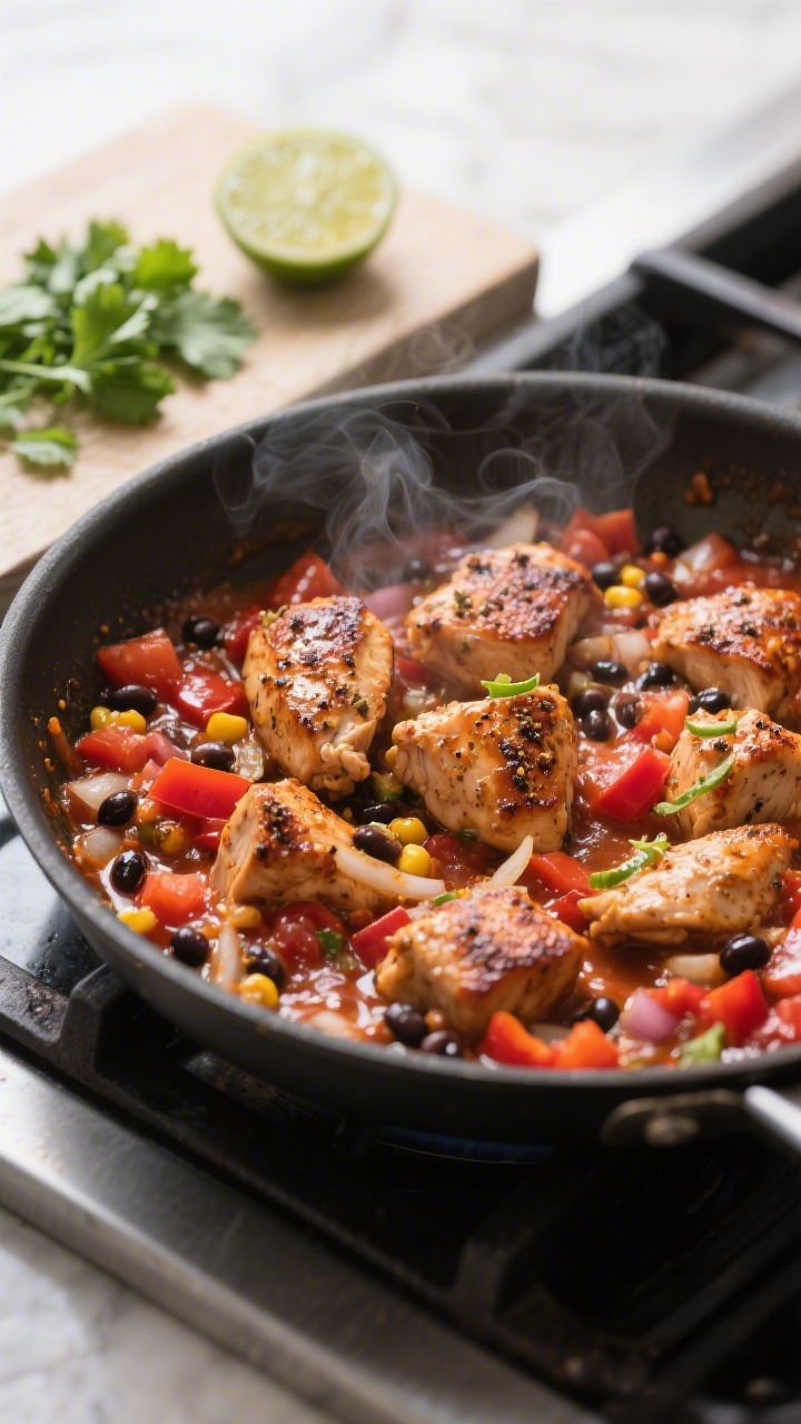 Cooking process, close-up detail: Sizzling chicken salsa in a large skillet, bite-size browned chick