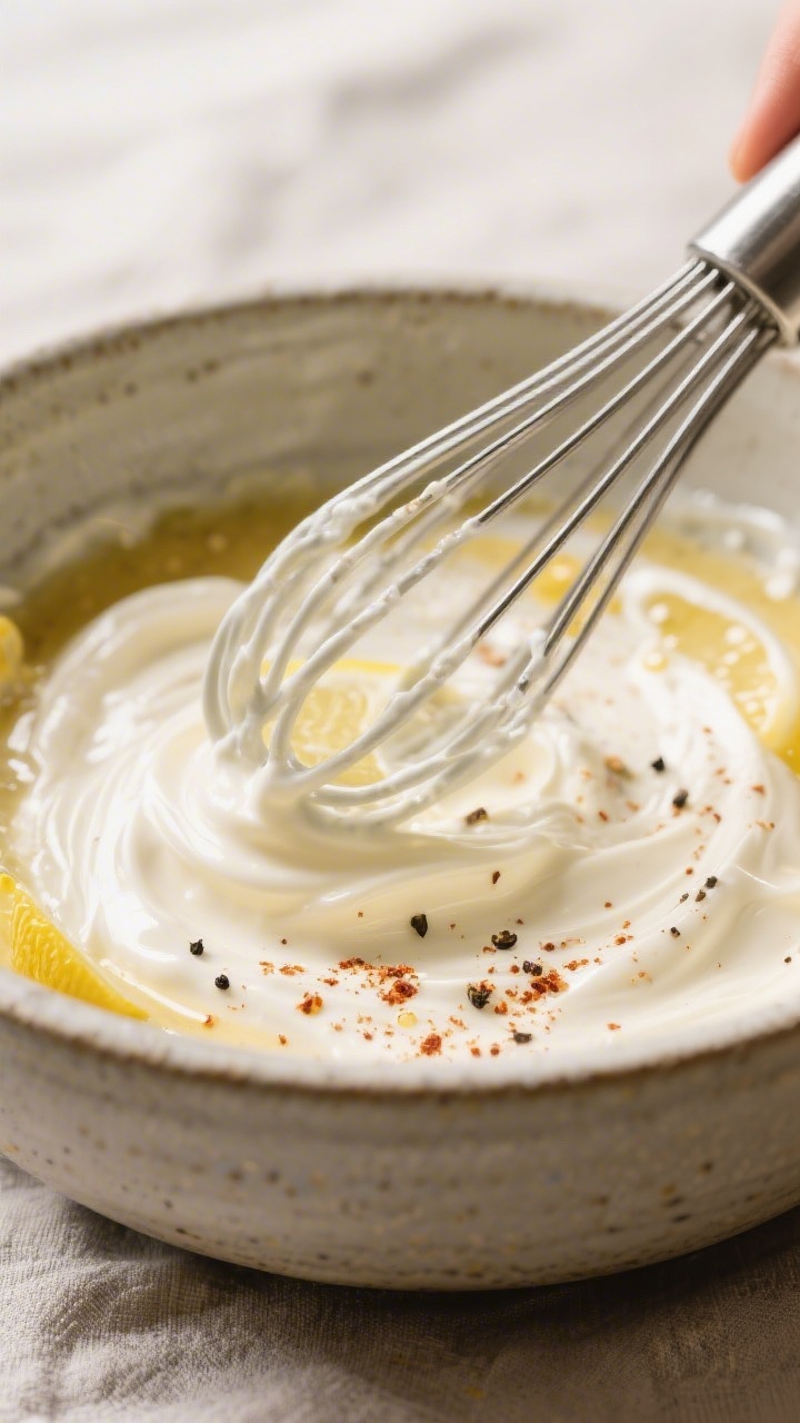 Cooking process, close-up detail: Smoked chicken salad dressing being whisked to a glossy, creamy co