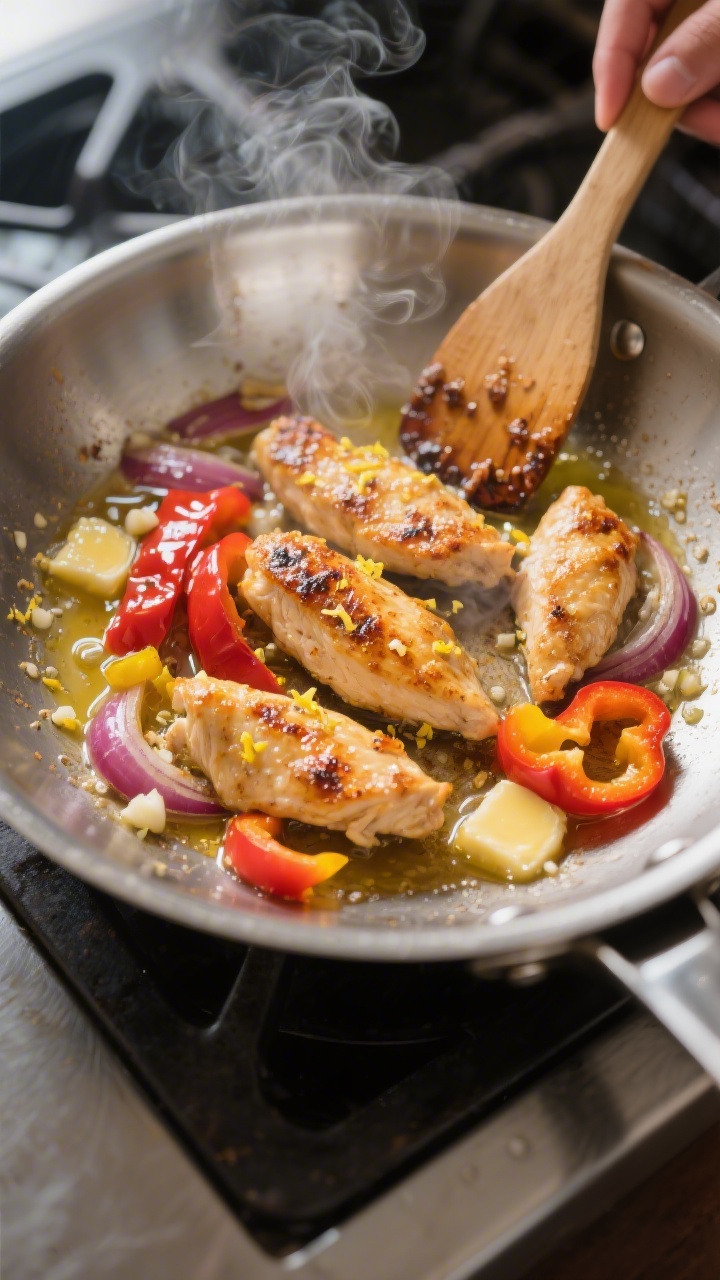 Cooking process, close-up: Golden-browned chicken strips sizzling in a stainless steel skillet with