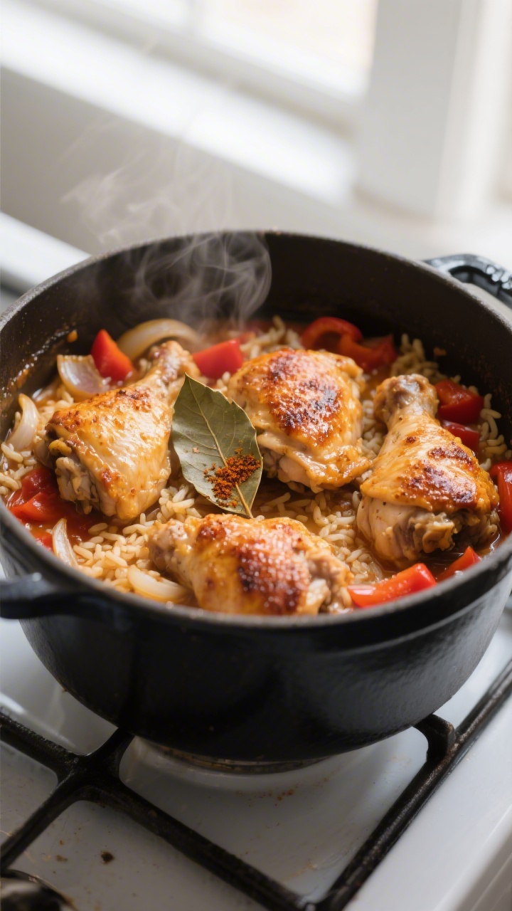 Cooking process close-up: Golden-browned chicken thighs being nestled back into a simmering pot of t