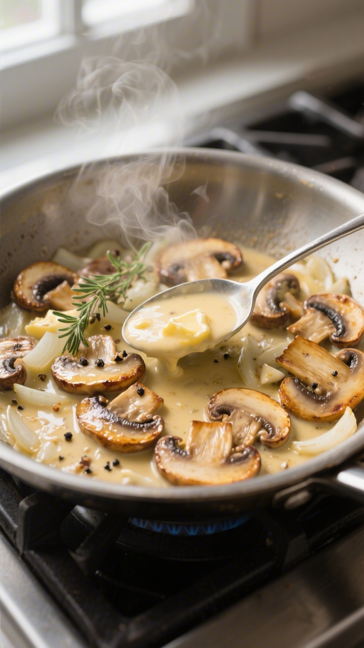 Cooking process close-up: Golden-browned sliced cremini mushrooms sizzling in a wide stainless skill