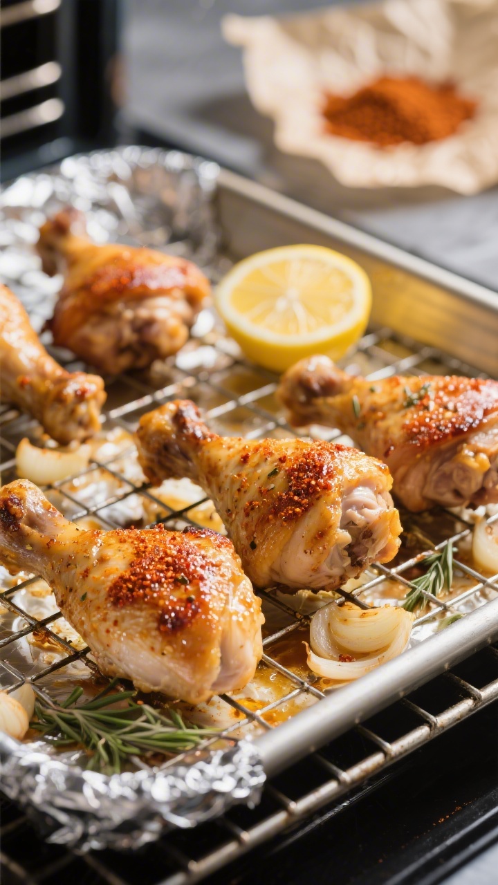 Cooking process close-up: Golden-browning chicken thighs and drumsticks on a wire rack over a foil-l