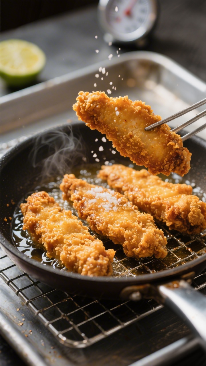 Cooking process close-up: Golden fried chicken strips just lifted from hot oil in a heavy skillet, d