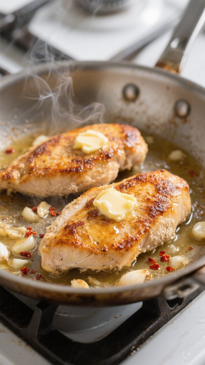 Cooking process close-up: Golden pan-seared chicken breasts in a large stainless skillet, deeply bro