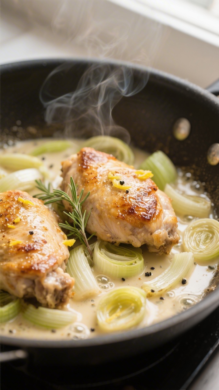 Cooking process close-up: Golden-seared boneless chicken thighs nestled back into a wide sauté pan