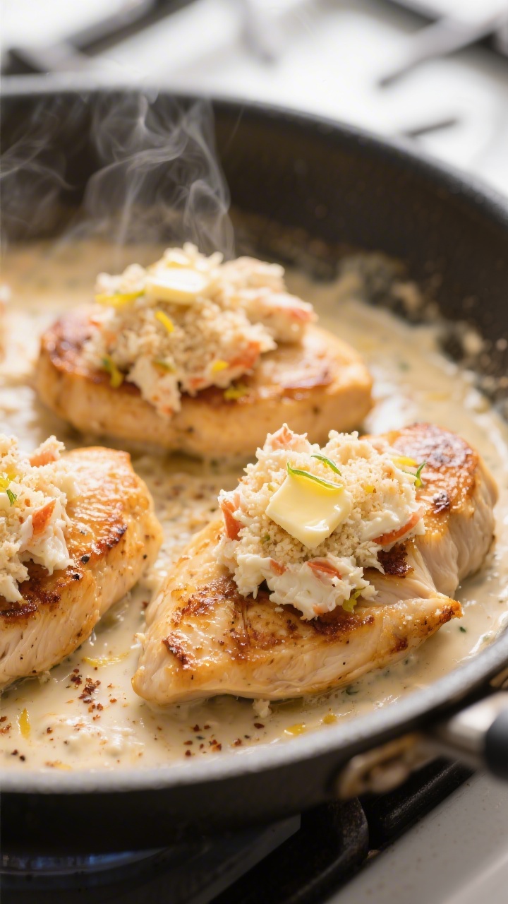 Cooking process close-up: Golden-seared chicken breasts nestled in a shallow skillet of creamy Old B