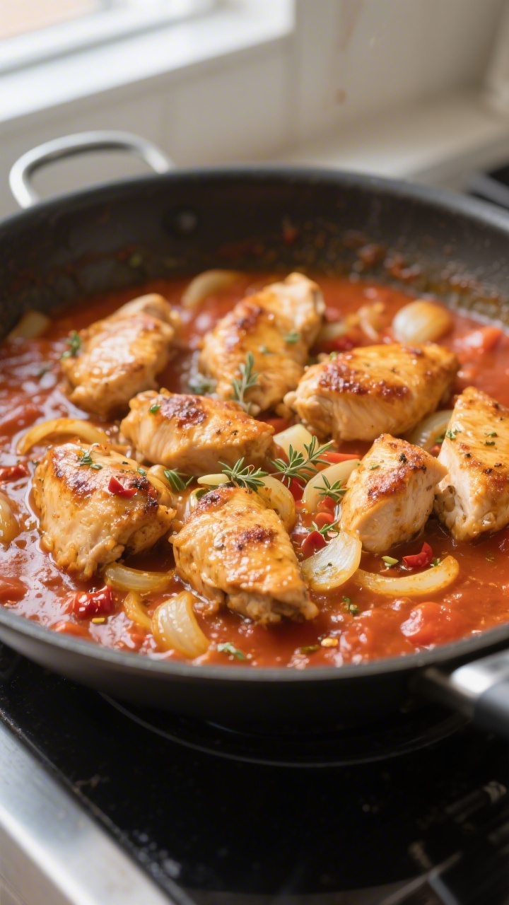 Cooking process close-up: Golden-seared chicken chunks nestled in a simmering garlicky tomato sauce