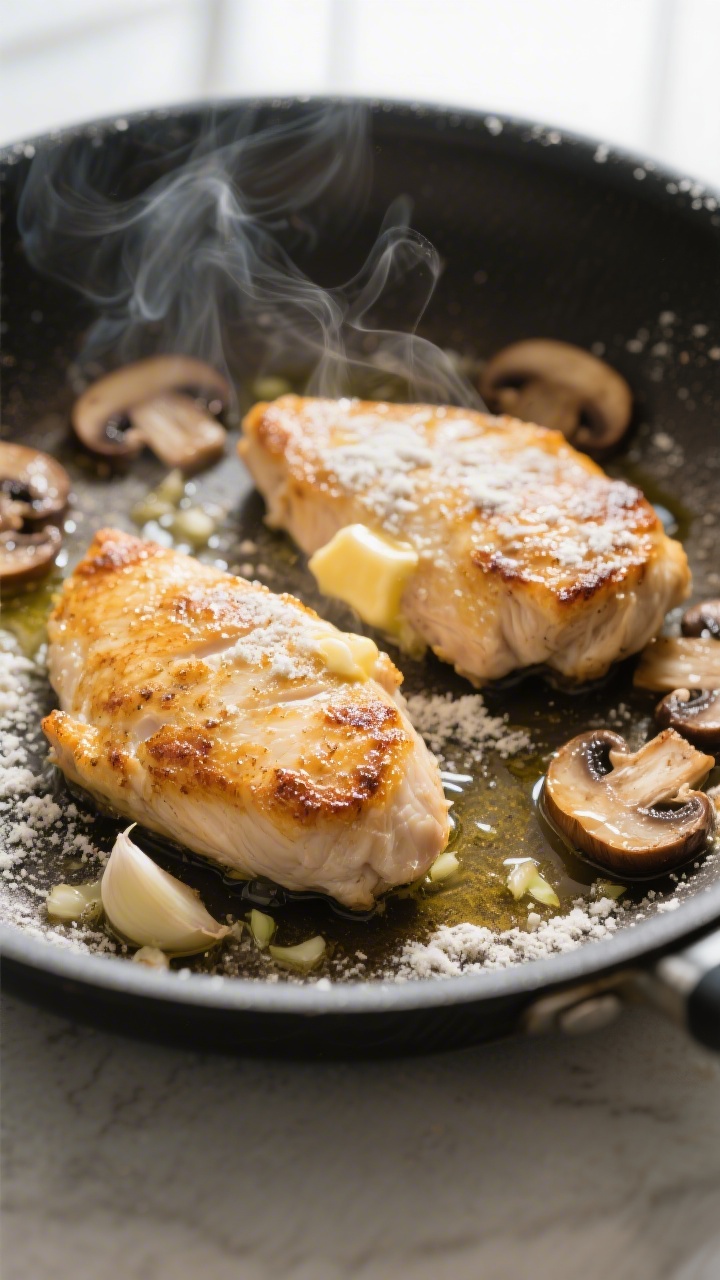 Cooking process close-up: Golden-seared chicken cutlets in a stainless skillet, lightly dusted with