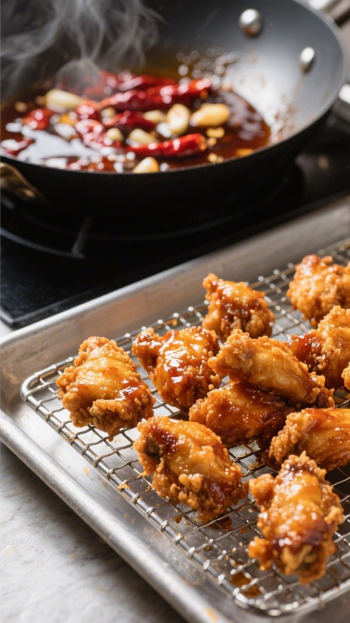 Cooking process close-up: Golden, twice-fried General Tso’s chicken pieces just out of the oil, de