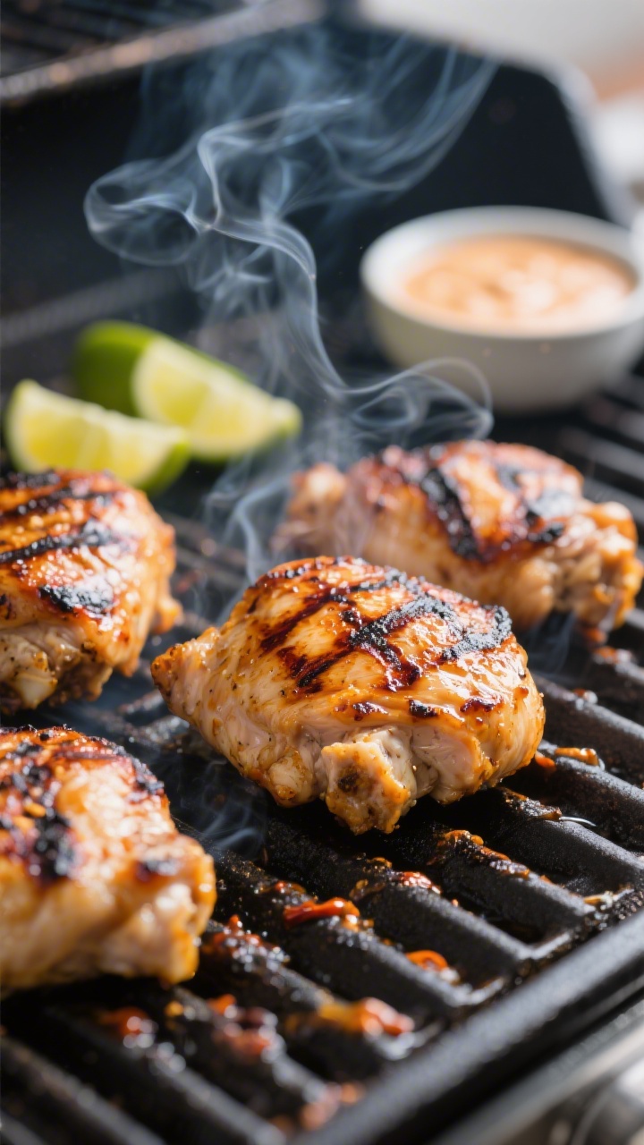 Cooking process close-up: Grilled chicken thighs sizzling on a preheated grill at medium-high heat,