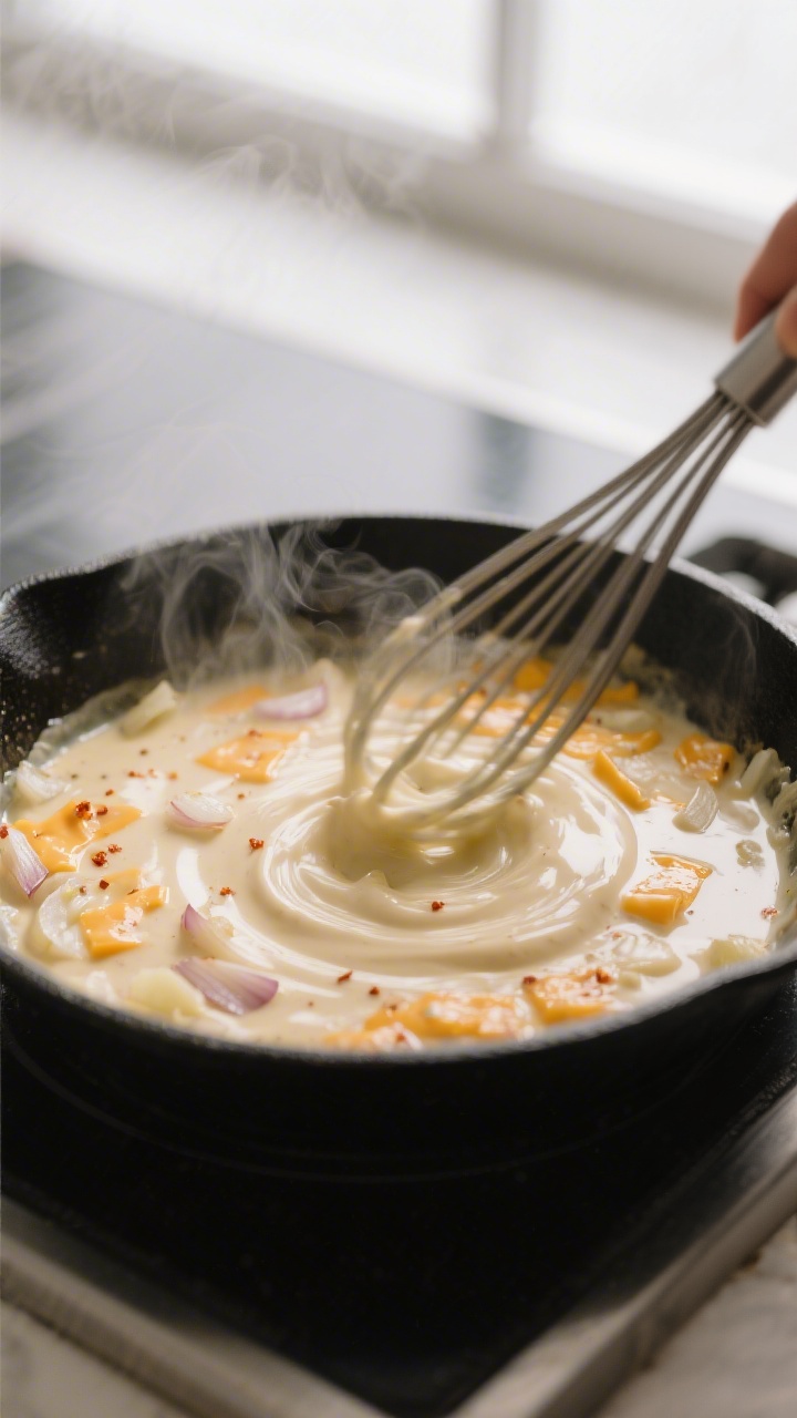 Cooking process close-up: In-skillet shot of the creamy sauce being whisked smooth—silky mixture o