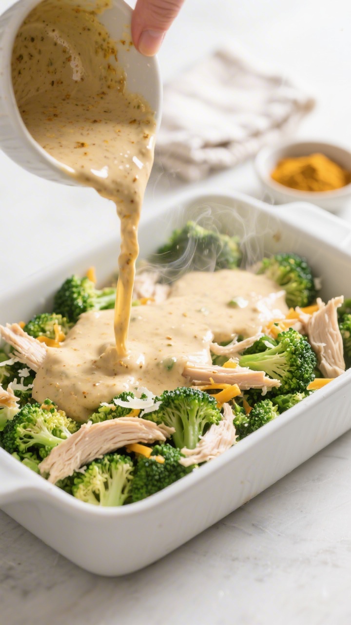 Cooking process — Close-up of the creamy curry sauce being poured over a layer of crisp-tender, br