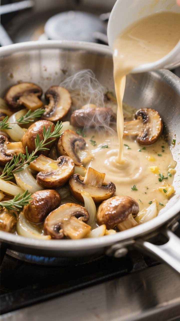 Cooking process close-up: Sautéed cremini mushrooms and onions in a stainless steel skillet, deeply