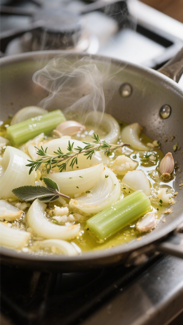Cooking process close-up: Sautéed onion, celery, and minced garlic glistening in butter and olive o