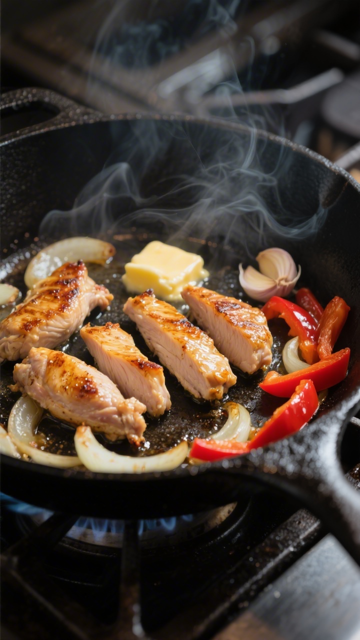 Cooking process close-up: Searing chicken thigh strips in a wide, black cast-iron skillet, golden-br