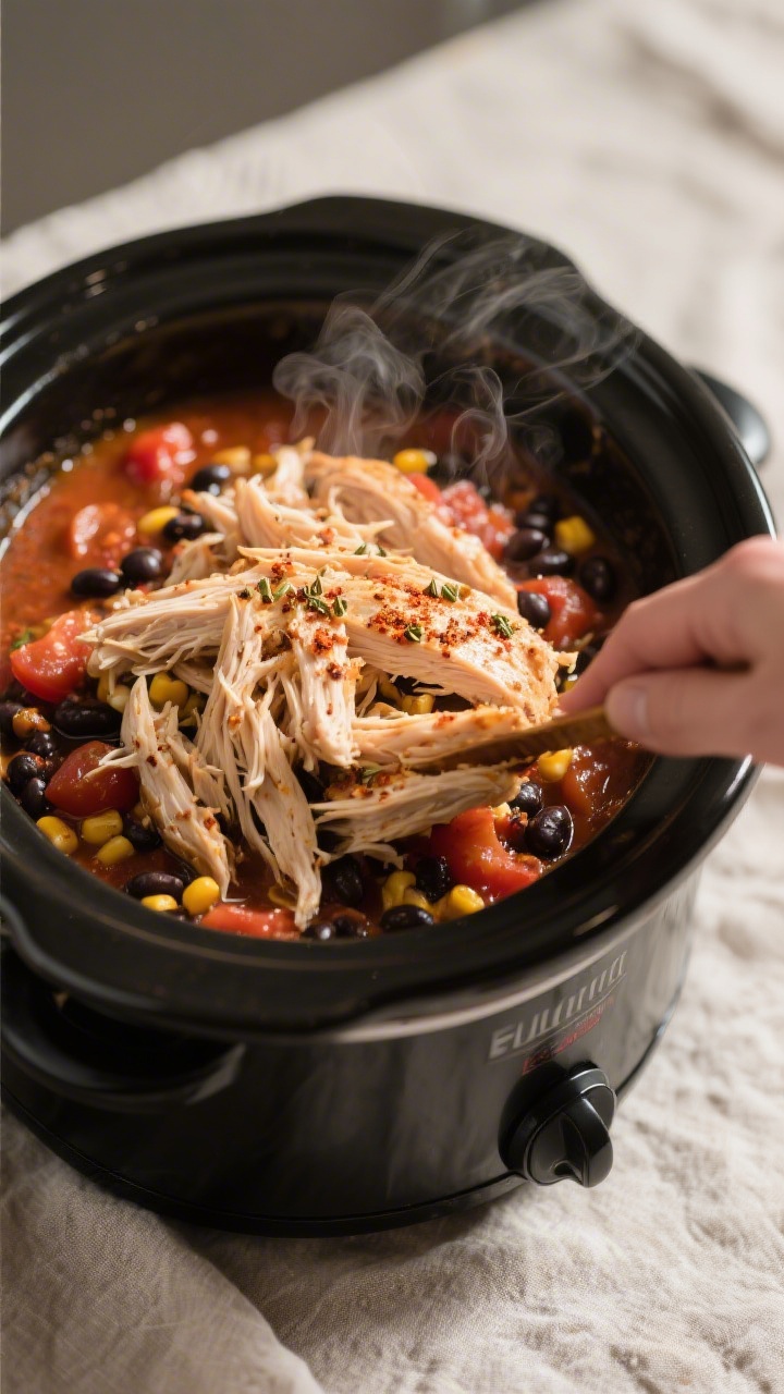 Cooking process close-up: Shredded crockpot chicken being folded back into its rich, salsa-tomato ju
