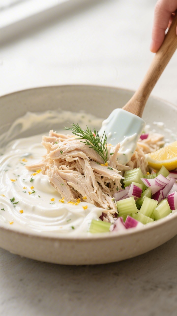 Cooking process close-up: Shredded poached chicken being folded into a glossy, creamy dressing of ma