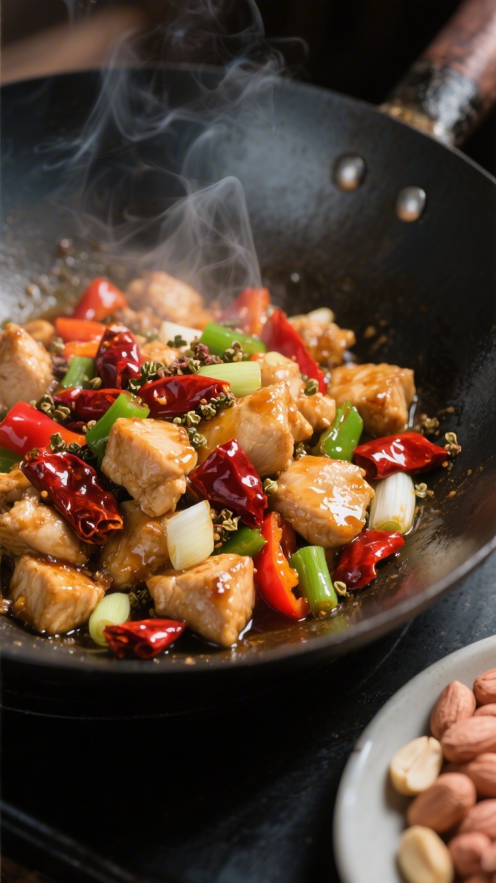 Cooking process close-up: Sizzling Chicken Kung Pao in a hot wok, chicken cubes searing with light b
