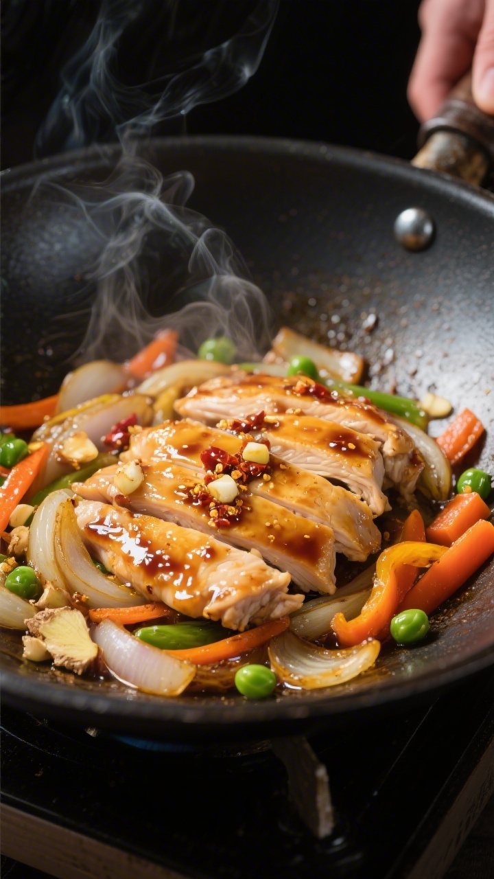 Cooking process close-up: Sizzling sliced chicken and sautéed onions in a wok, coated with soy sauc