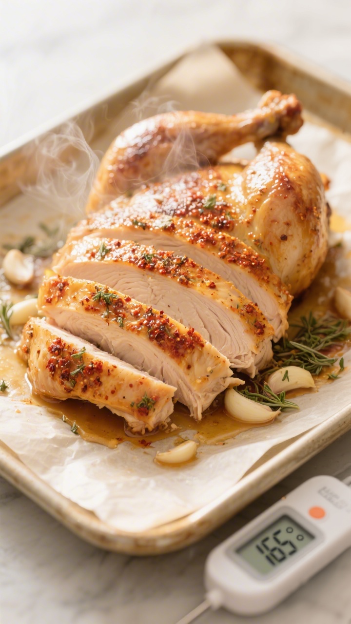 Cooking process close-up: Sliced roasted chicken just out of the oven on a parchment-lined sheet pan