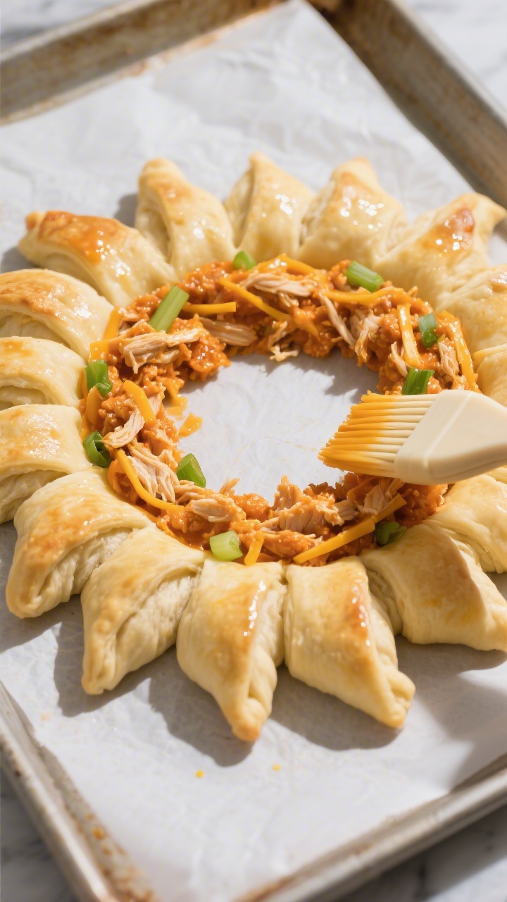 Cooking process close-up: The buffalo chicken crescent ring mid-assembly on a parchment-lined sheet