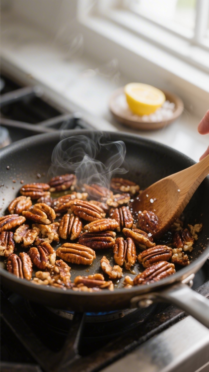Cooking process close-up: Toasted pecans in a shallow stainless skillet, freshly toasted and glisten
