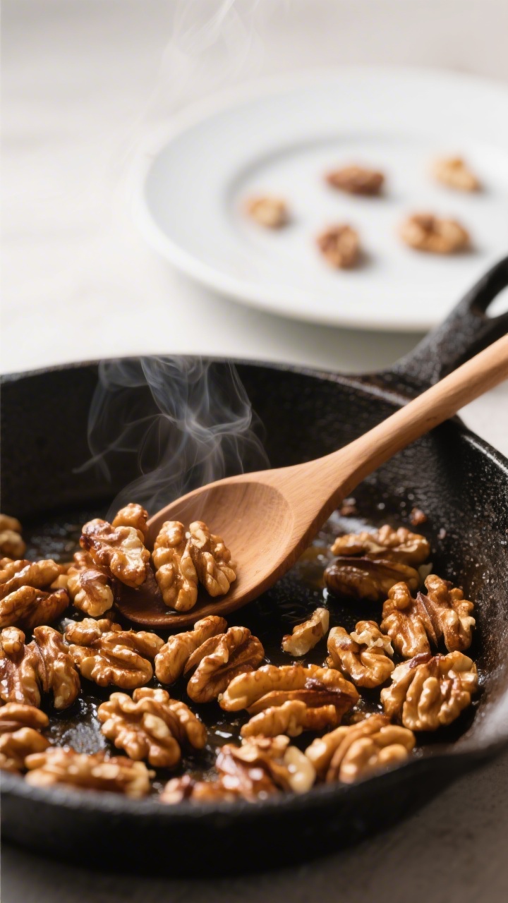 Cooking process close-up: Toasted walnuts in a dry skillet, deeply golden and just glossy from natur