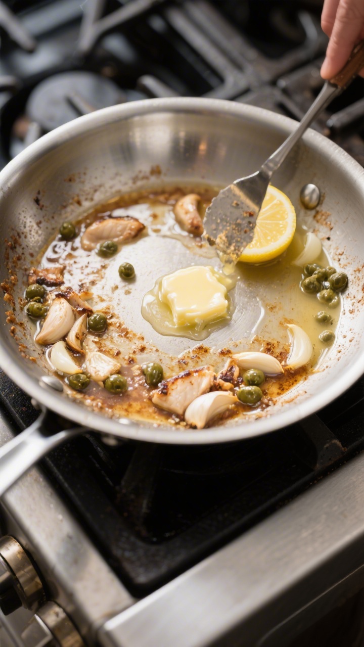 Cooking process: Deglazing moment in a stainless-steel skillet—sauce building stage with melted bu